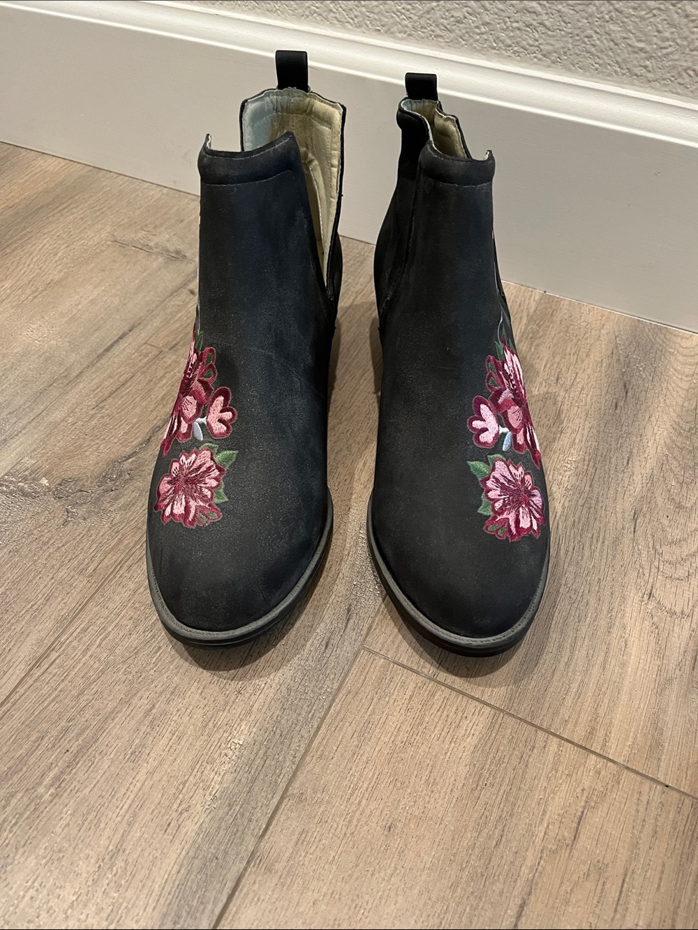 JBU Black Ankle Boots with Pink Floral Embroidery